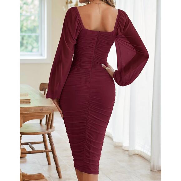MEROKEETY Wine Red Ruched Bodycon Puff Sleeve Mesh Cocktail Party Midi Dress - Picture 8 of 13